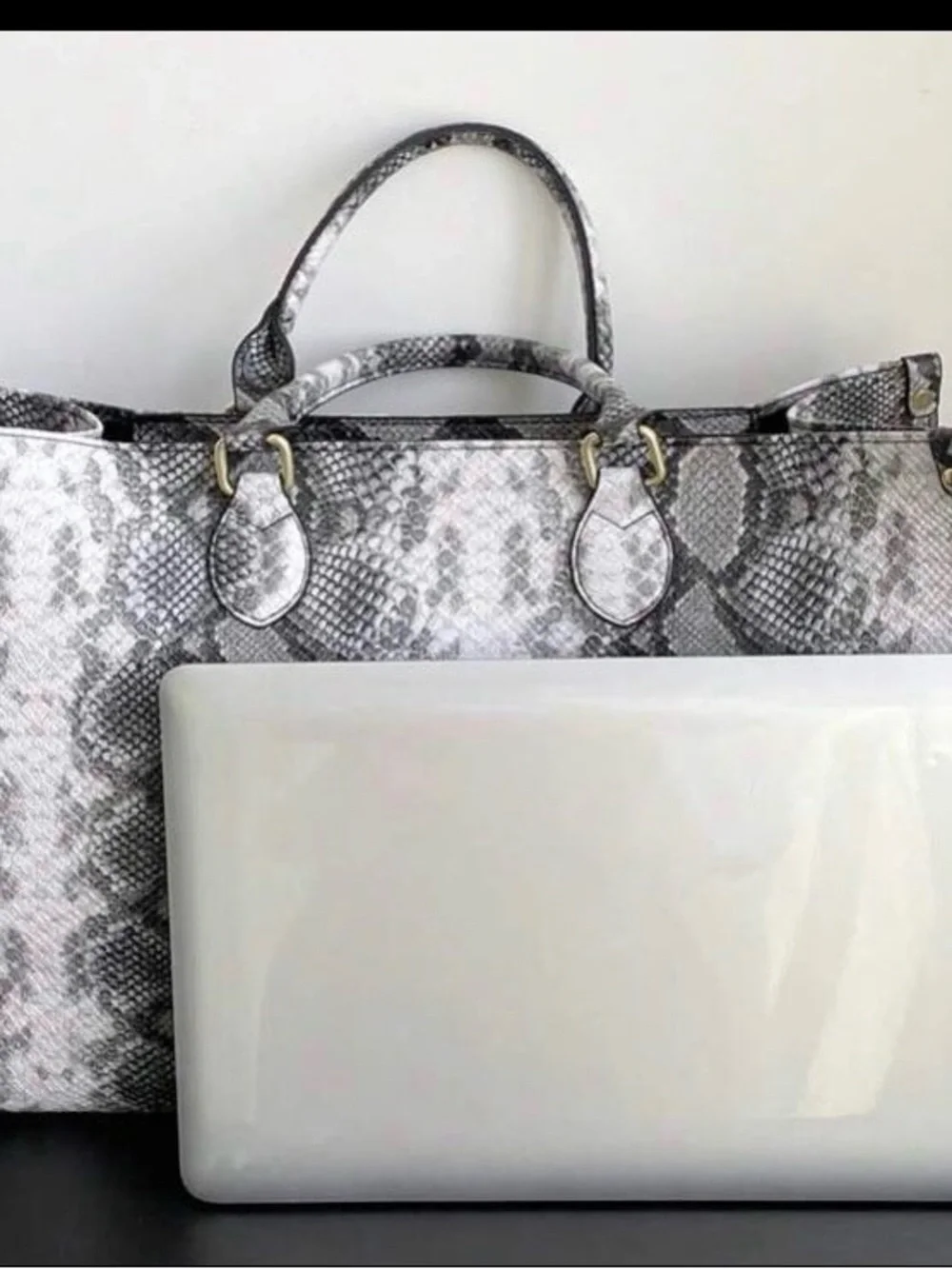 SHEIN Gray and Black Faux Snake-Print Tote